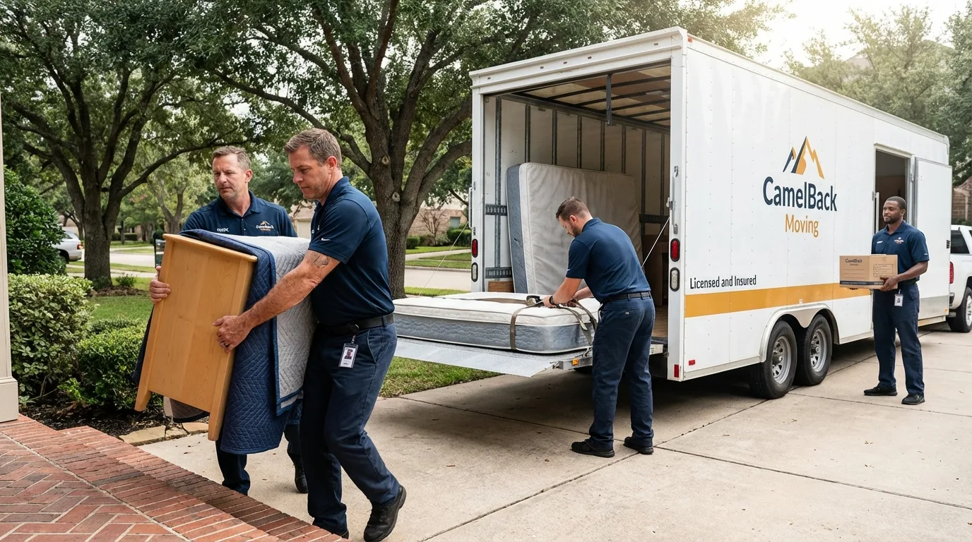 Crew loading residential truck for cross-state move from New Roads, LA