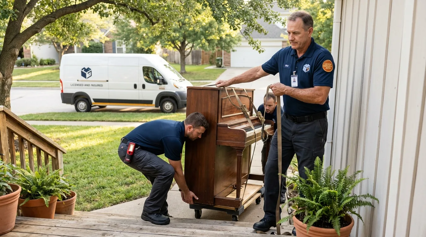 Licensed piano movers securing grand piano in New Roads, LA