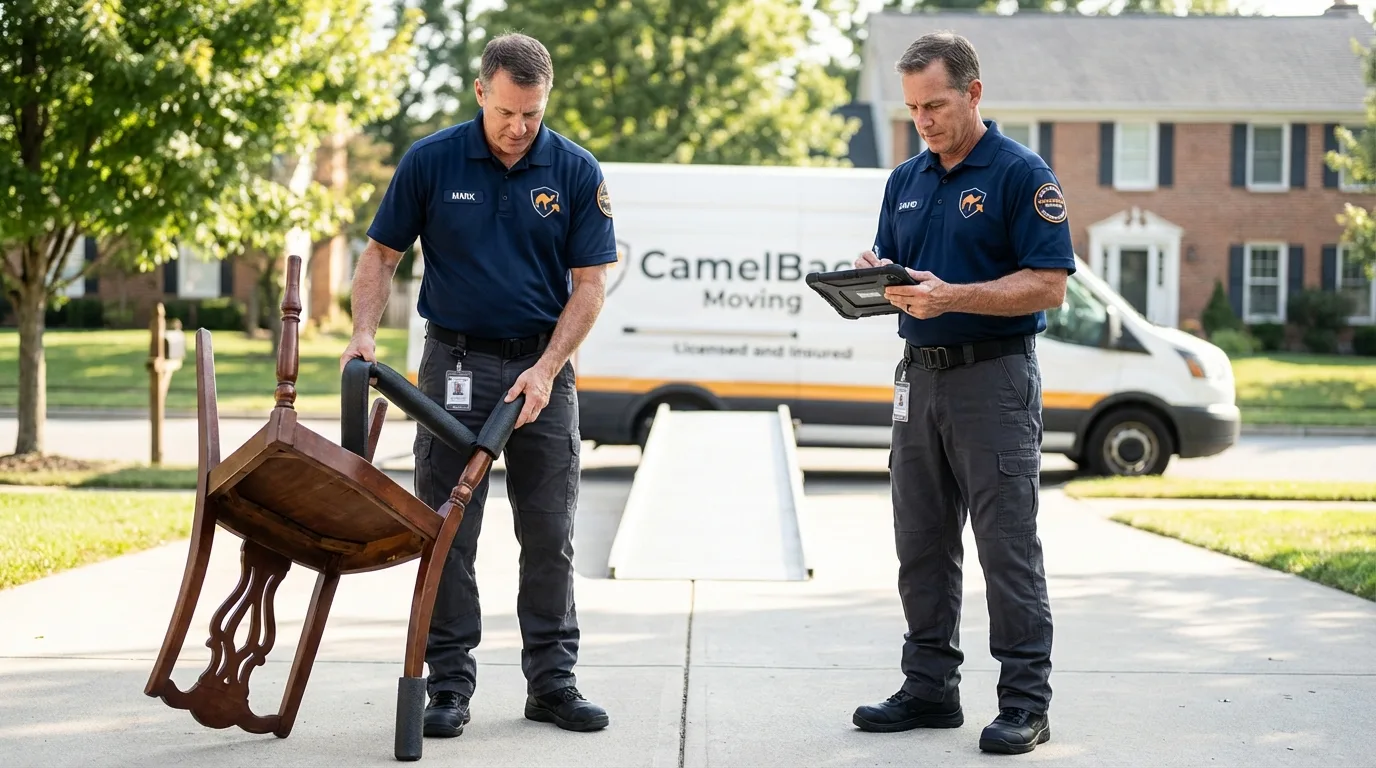 Movers inspecting furniture for damage prevention before loading in New Roads, LA