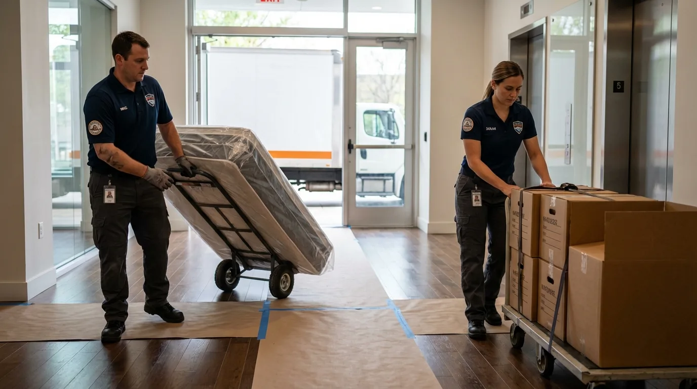 Professional apartment movers loading elevator in New Roads, LA