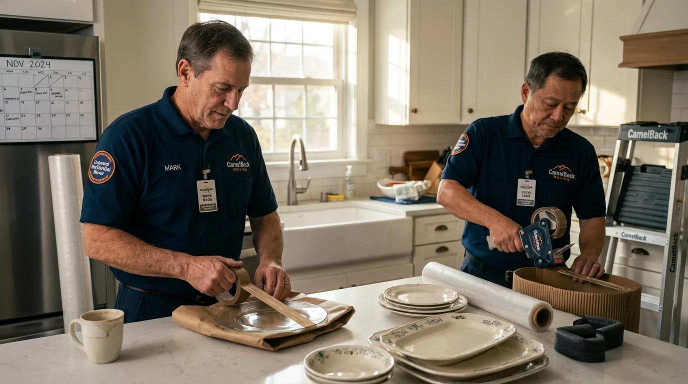 Professional crew packing kitchen dishware in New Roads, LA